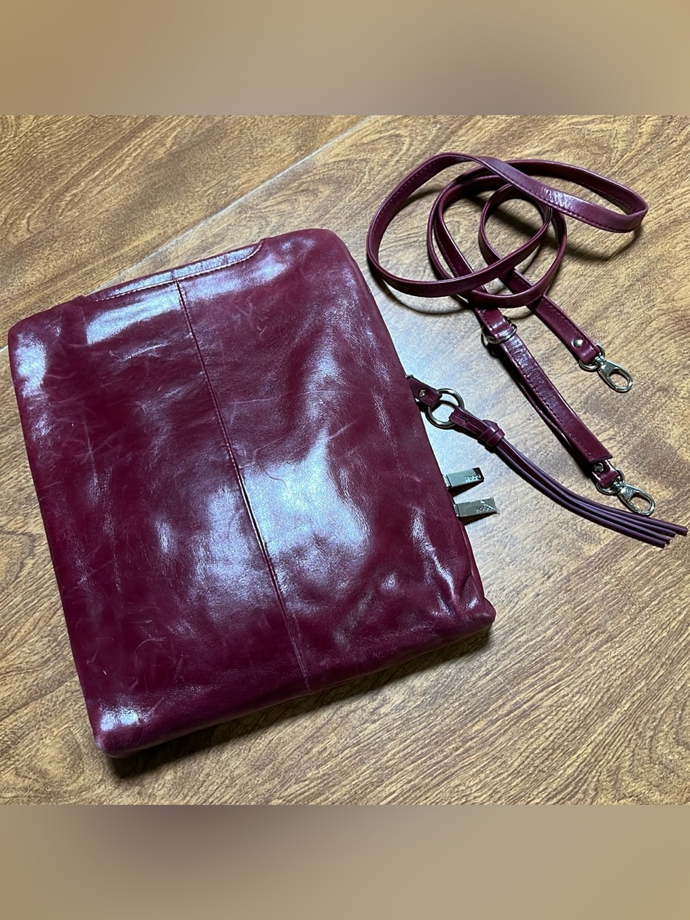 Hobo Women’s Justine Rich Burgundy Distressed Glossy Leather Zip CrossBody Bag